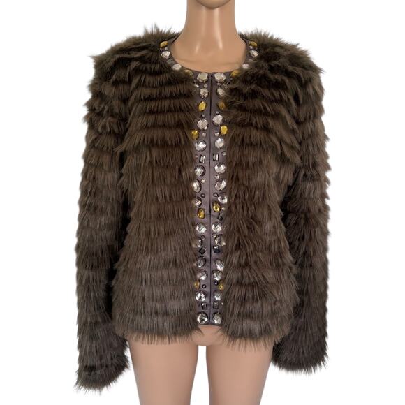 Boston Proper Faux Fur Embellished Jacket 14 Glam Boho Luxe Mob Wife Brown - Picture 1 of 9